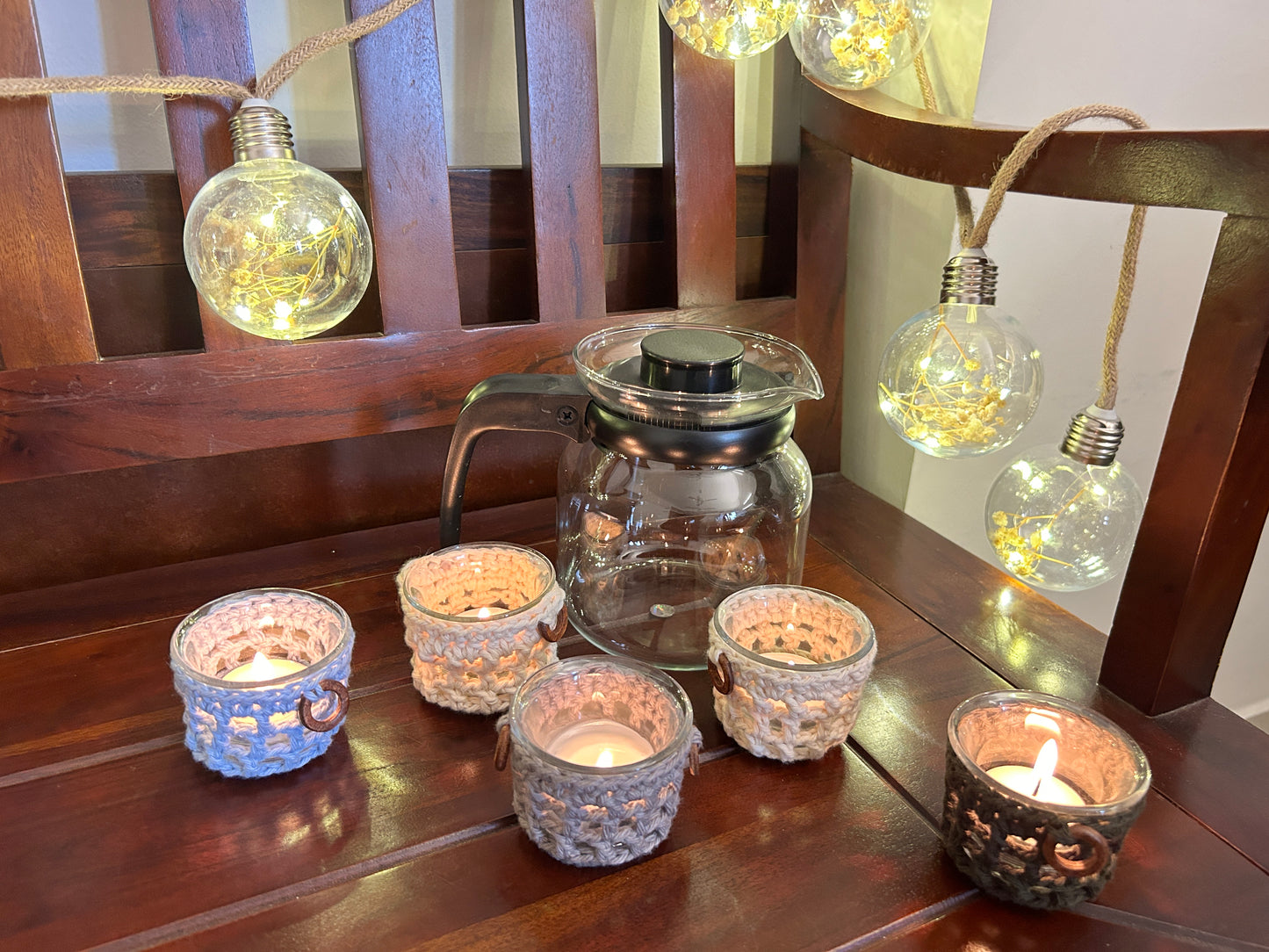 CozyGlow Crochet Tea Light Candle Sleeve (Blue Ocean Mist) - Pack of 4