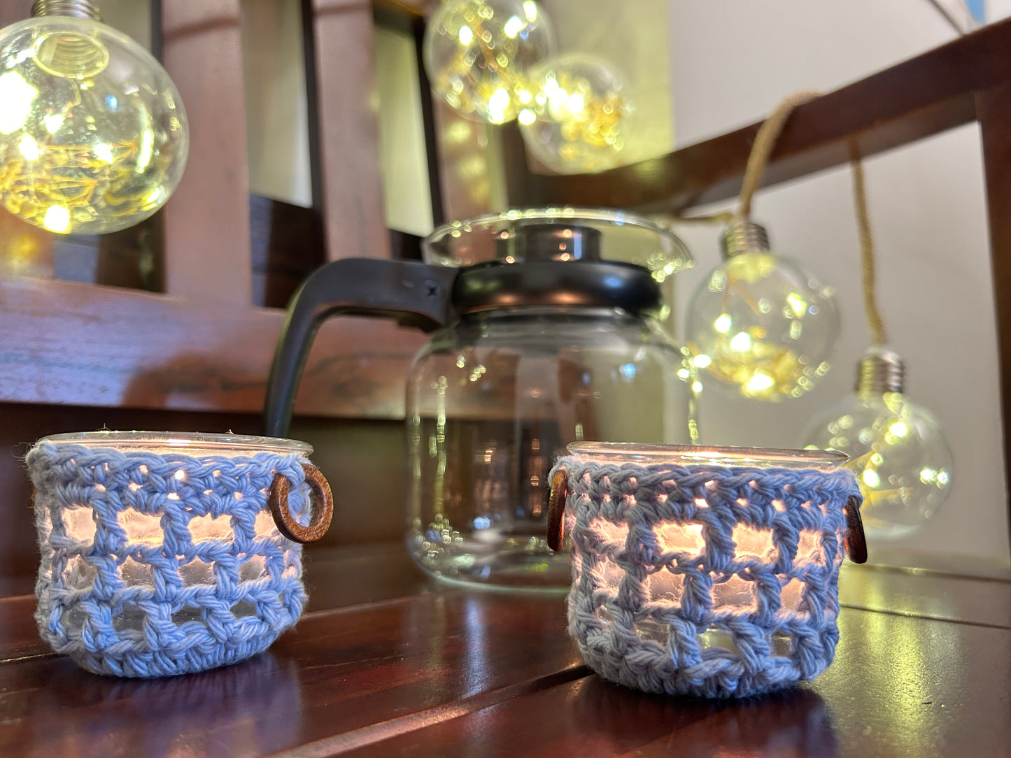 CozyGlow Crochet Tea Light Candle Sleeve (Blue Ocean Mist) - Pack of 4