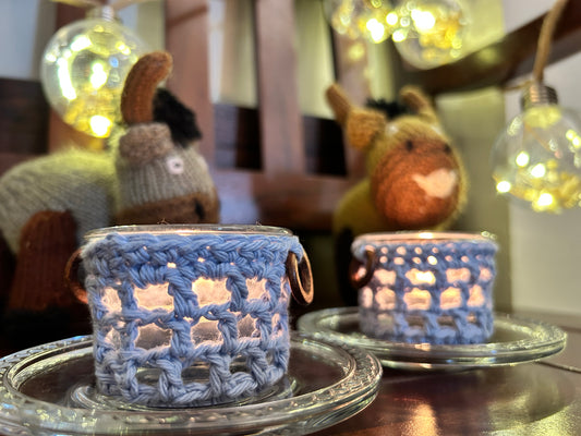 CozyGlow Crochet Tea Light Candle Sleeve (Blue Ocean Mist) - Pack of 6