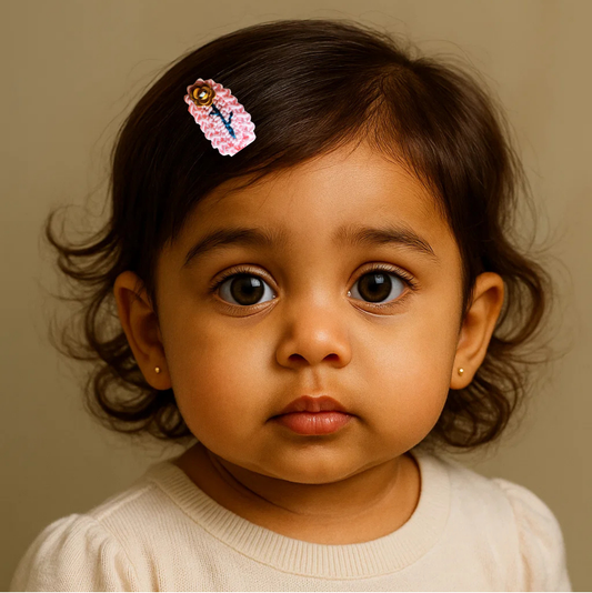 Barbie Pink Handmade Crochet Hair Clip – Pink Floral Snap Clip with Wooden Button – Cute Hair Accessory for Girls, Toddlers & Kids