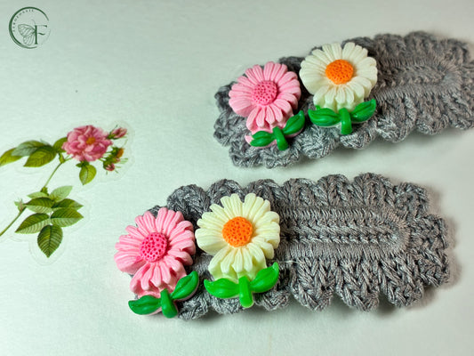 🌼 Daisy Tales Grey – Handmade Crochet Hair Clip with 3D Daisies | Stylish Hair Accessory for Girls & Women