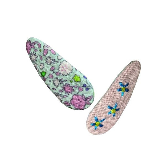 Handcrafted pastel fabric hair clips with floral print and blue embroidered flowers – Pastel Sprig accessory set for baby and toddler girls