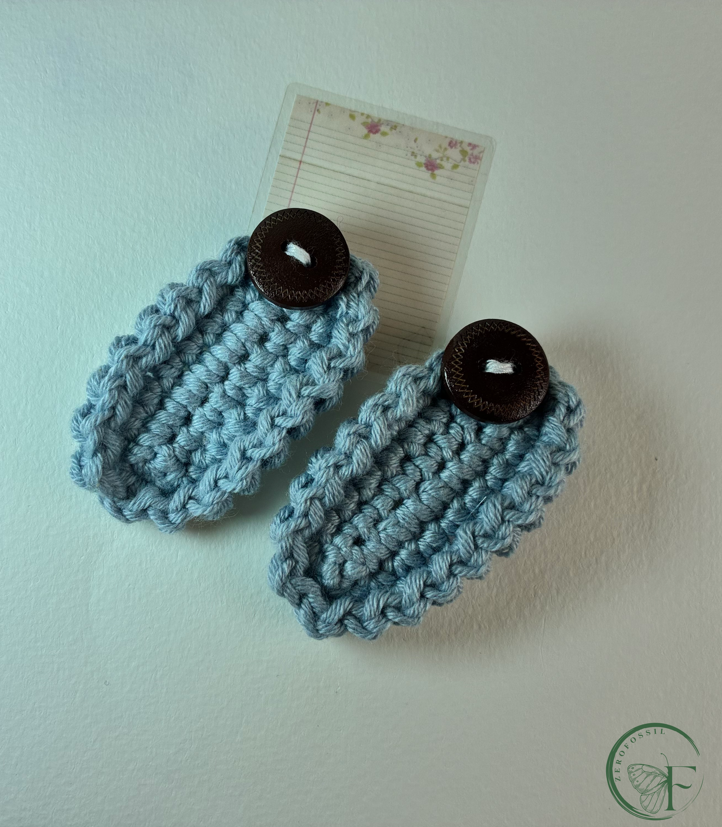 Moonlit Denim – Handmade Crochet Hair Clip for Girls & Women | Nordic Petals Collection | Soft Blue with Wooden Button | Boho Chic Hair Accessory