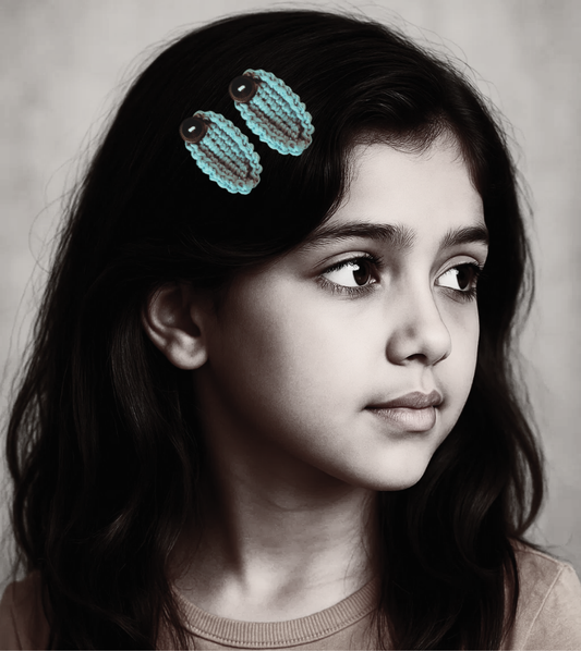 Moonlit Denim – Handmade Crochet Hair Clip for Girls & Women | Nordic Petals Collection | Soft Blue with Wooden Button | Boho Chic Hair Accessory