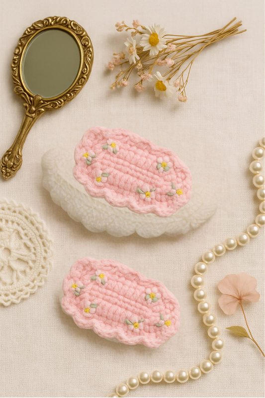 Pastel pink toddler hair barrette with delicate floral crochet embroidery and soft yarn finish