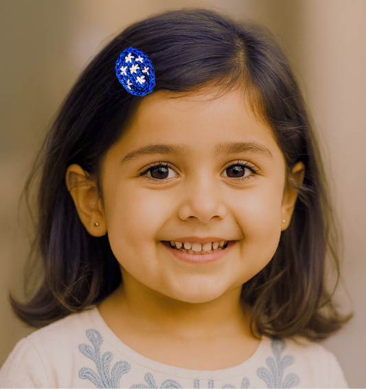Starry Night Handmade Crochet Hair Clip – Blue & White Star Stitch Design | Baby Safe Girls Hair Accessory for Toddlers, Kids & Party Wear