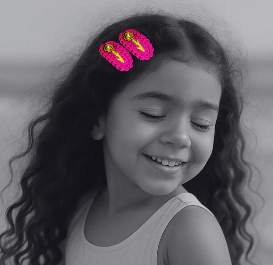 Hot Hibiscus – Handmade Crochet Hair Clip Pair with Wooden Flower Button | Bright Pink Floral Snap Clips for Girls & Kids