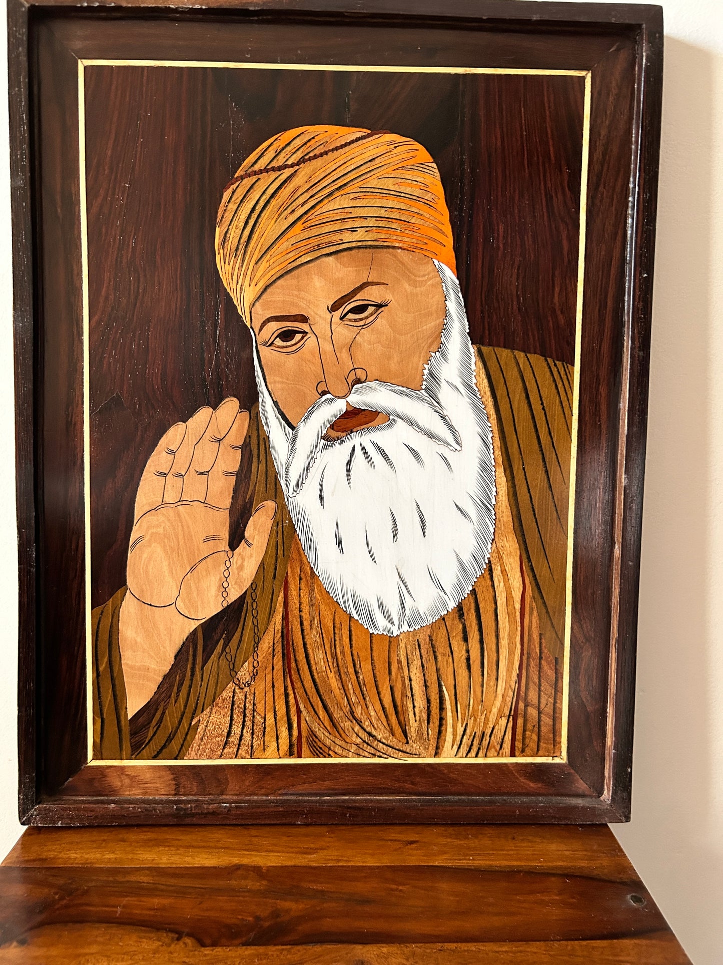 Divine Grace – Handcrafted Rosewood Inlay Painting of Guru Nanak