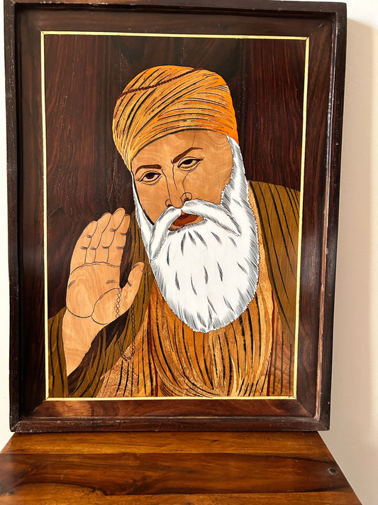 Divine Grace – Handcrafted Rosewood Inlay Painting of Guru Nanak
