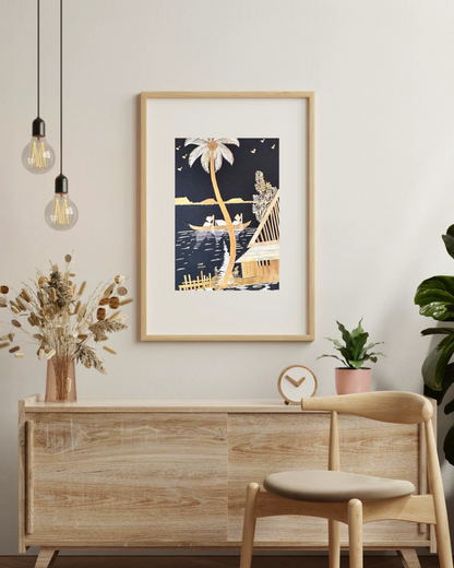 Handcrafted Kerala Rice Straw Painting -Golden Haven in the Backwaters -  Wall Art for Bedroom, Office, Living Room, Unique Gift, Traditional Home Decor