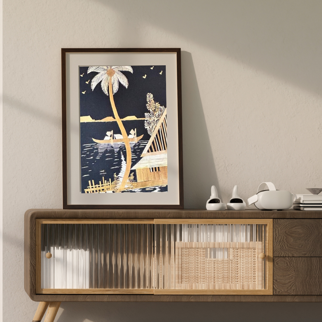 Handcrafted Kerala Rice Straw Painting -Golden Haven in the Backwaters -  Wall Art for Bedroom, Office, Living Room, Unique Gift, Traditional Home Decor