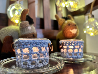 CozyGlow Crochet Tea Light Candle Sleeve (Blue Ocean Mist) - Pack of 4