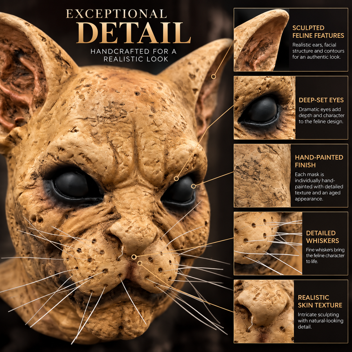Feline Halloween Cat Mask, Handmade Natural Latex Full Face Mask, Hand-Painted Realistic Feline Costume Mask for Halloween, Cosplay & Costume Parties