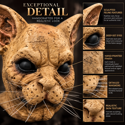 Feline Halloween Cat Mask, Handmade Natural Latex Full Face Mask, Hand-Painted Realistic Feline Costume Mask for Halloween, Cosplay & Costume Parties