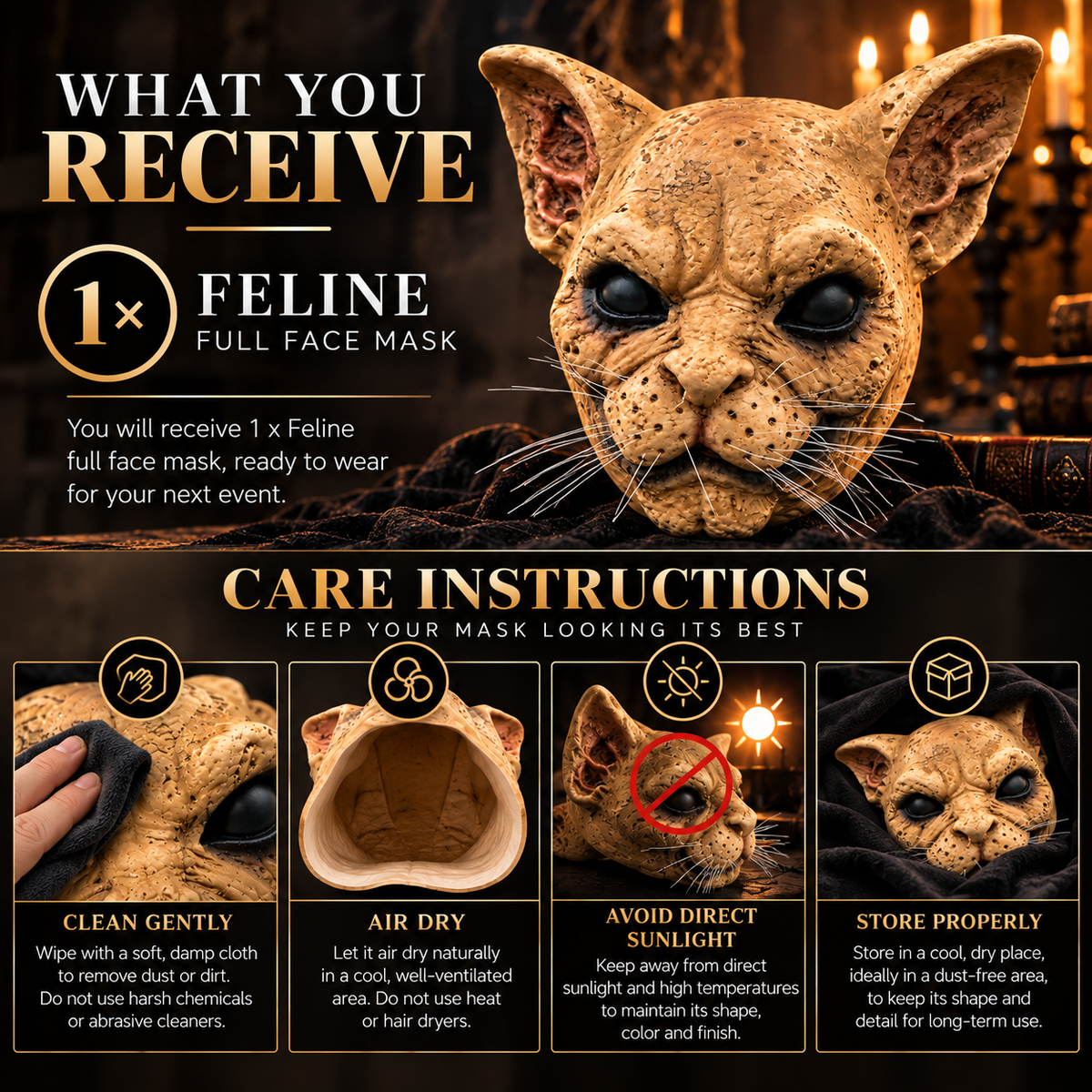 Feline Halloween Cat Mask, Handmade Natural Latex Full Face Mask, Hand-Painted Realistic Feline Costume Mask for Halloween, Cosplay & Costume Parties
