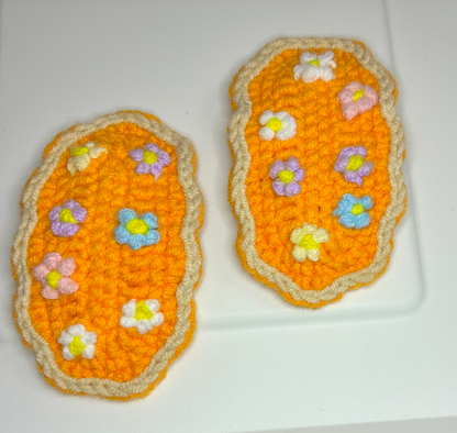 Marigold Mingle Handmade Crochet Hair Clip – Bright Orange Base with Multicolor Floral Embroidery | Festive Hair Accessory for Girls & Women | Brooch for Men