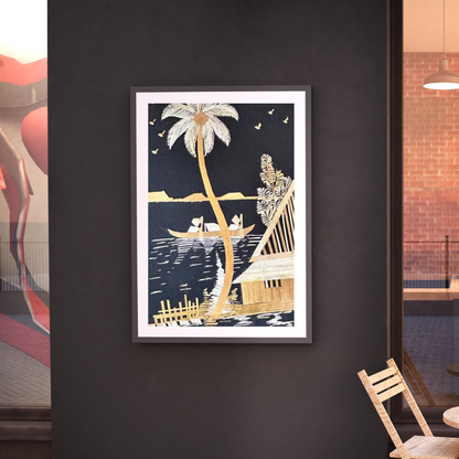 Handcrafted Kerala Rice Straw Painting -Golden Haven in the Backwaters -  Wall Art for Bedroom, Office, Living Room, Unique Gift, Traditional Home Decor