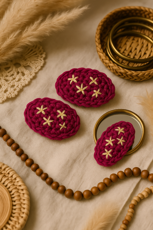Starry Pops Pink - Handcrafted Crochet Hair Clips – Magenta with Star Embroidery | Cute & Unique Hair Accessory for Girls & Women