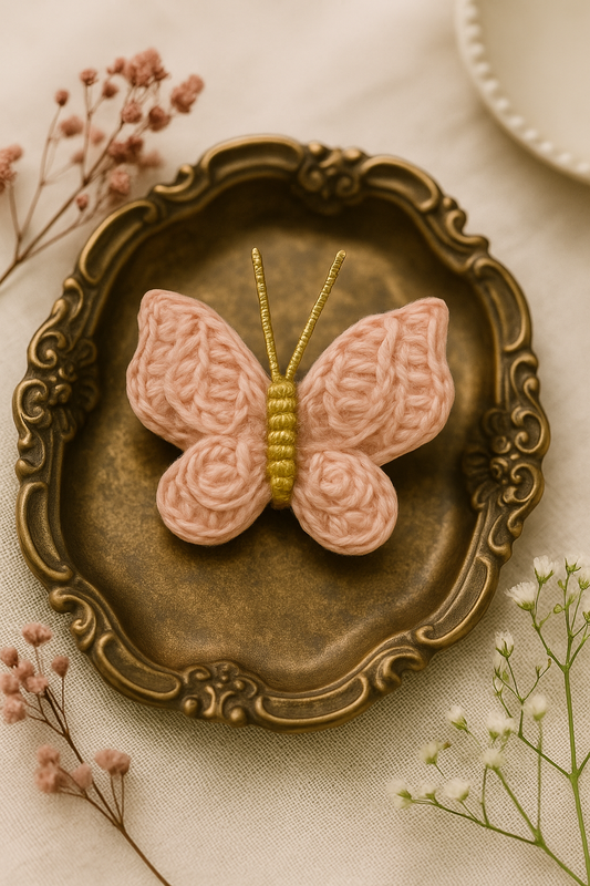 🦋 Flutterglow Handmade Butterfly Hair Clip – Blush Pink & Gold Crochet Accessory for Girls & Women