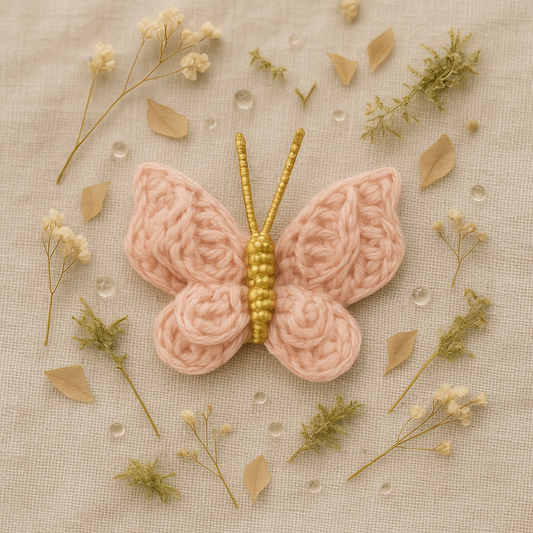 🦋 Flutterglow Handmade Butterfly Hair Clip – Blush Pink & Gold Crochet Accessory for Girls & Women