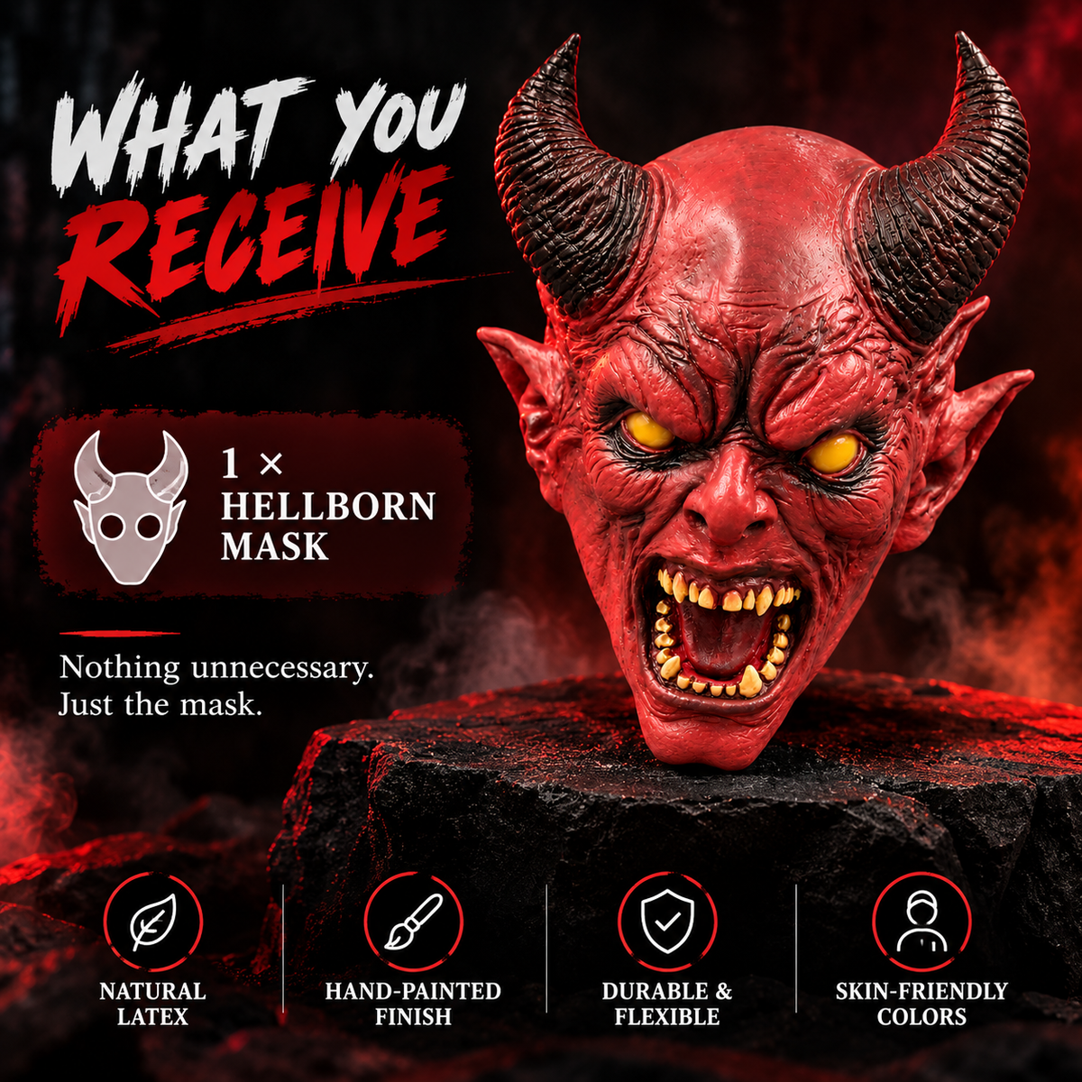 Hellborn Halloween Demon Mask, Natural Latex for Halloween parties, costume events and cosplay