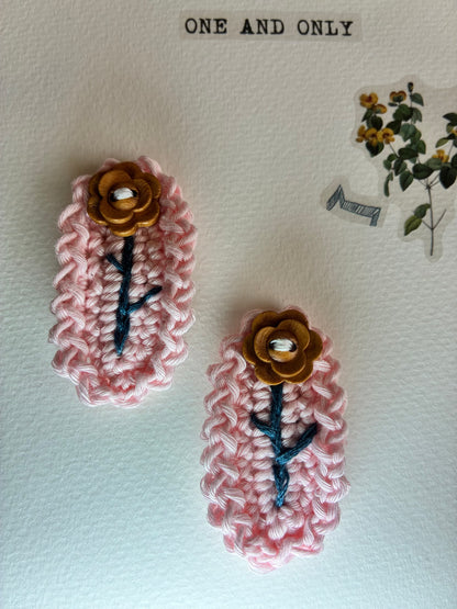 Barbie Pink Handmade Crochet Hair Clip – Pink Floral Snap Clip with Wooden Button – Cute Hair Accessory for Girls, Toddlers & Kids