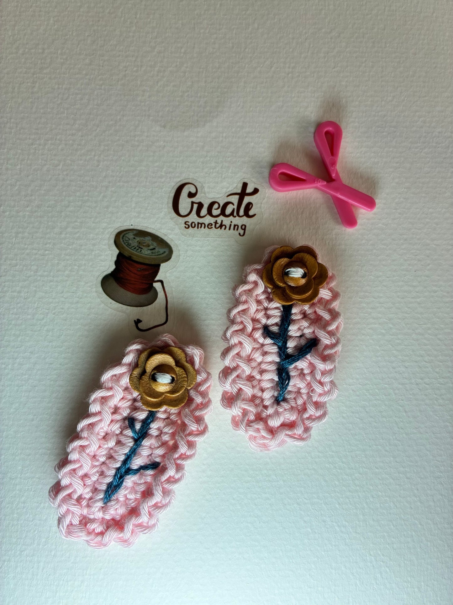 Barbie Pink Handmade Crochet Hair Clip – Pink Floral Snap Clip with Wooden Button – Cute Hair Accessory for Girls, Toddlers & Kids