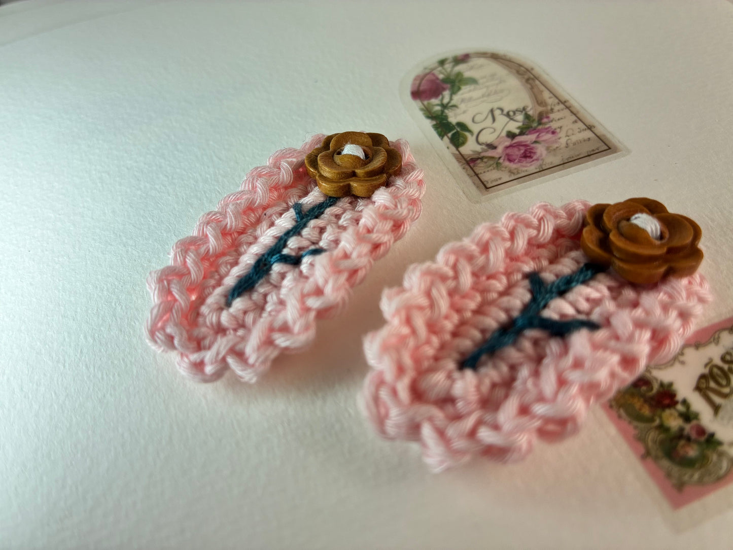 Barbie Pink Handmade Crochet Hair Clip – Pink Floral Snap Clip with Wooden Button – Cute Hair Accessory for Girls, Toddlers & Kids
