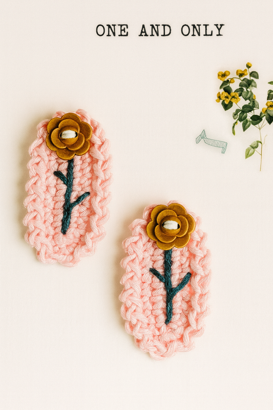 Barbie Pink Handmade Crochet Hair Clip – Pink Floral Snap Clip with Wooden Button – Cute Hair Accessory for Girls, Toddlers & Kids