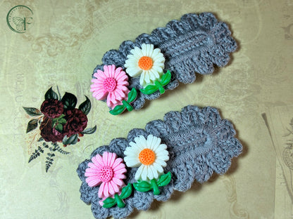 🌼 Daisy Tales Grey – Handmade Crochet Hair Clip with 3D Daisies | Stylish Hair Accessory for Girls & Women