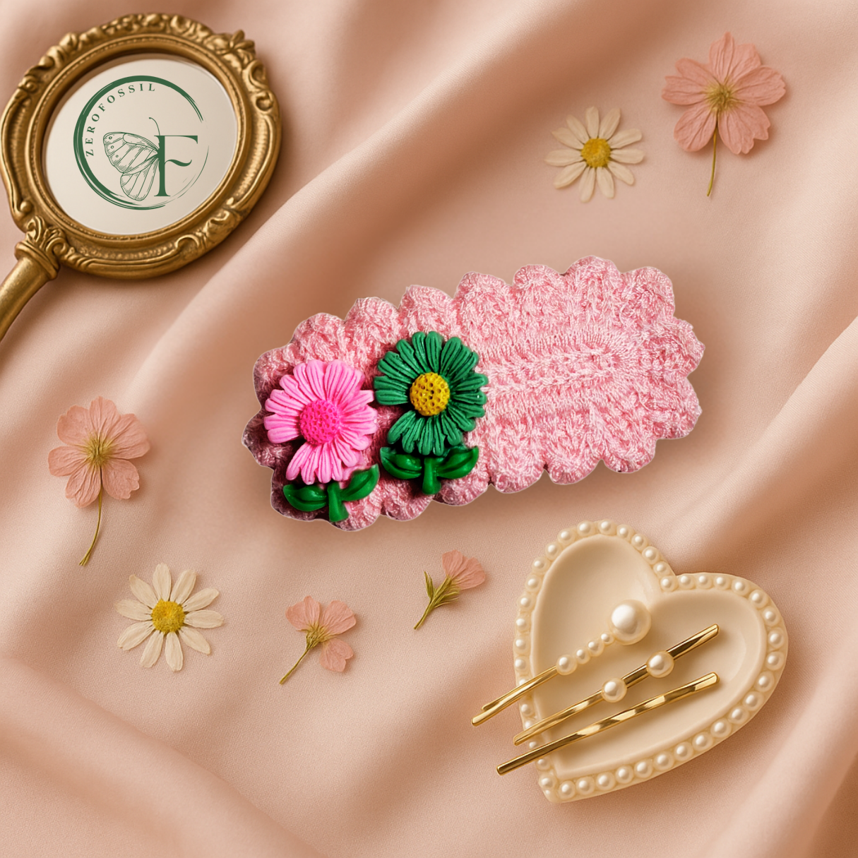 zerofossil daisy tales pink crochet handmade hair accessory for women and girls