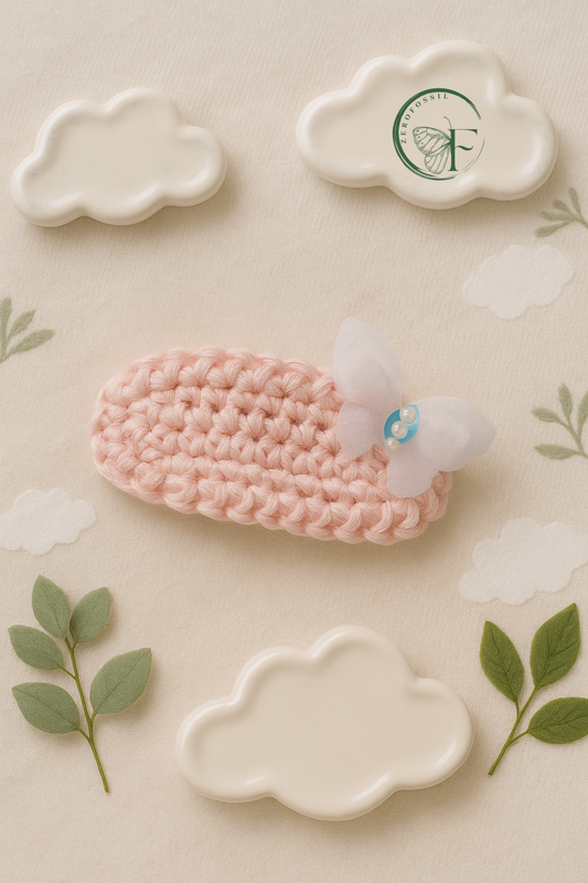 Sugar Wing – Handmade Pastel Pink Crochet Hair Clip with Butterfly Charm | Eco-Friendly Accessory for Girls