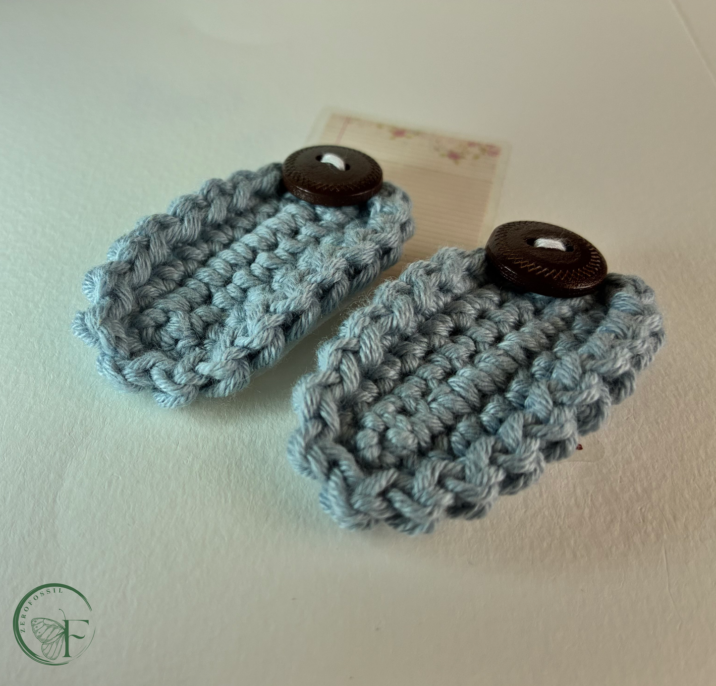 Moonlit Denim – Handmade Crochet Hair Clip for Girls & Women | Nordic Petals Collection | Soft Blue with Wooden Button | Boho Chic Hair Accessory