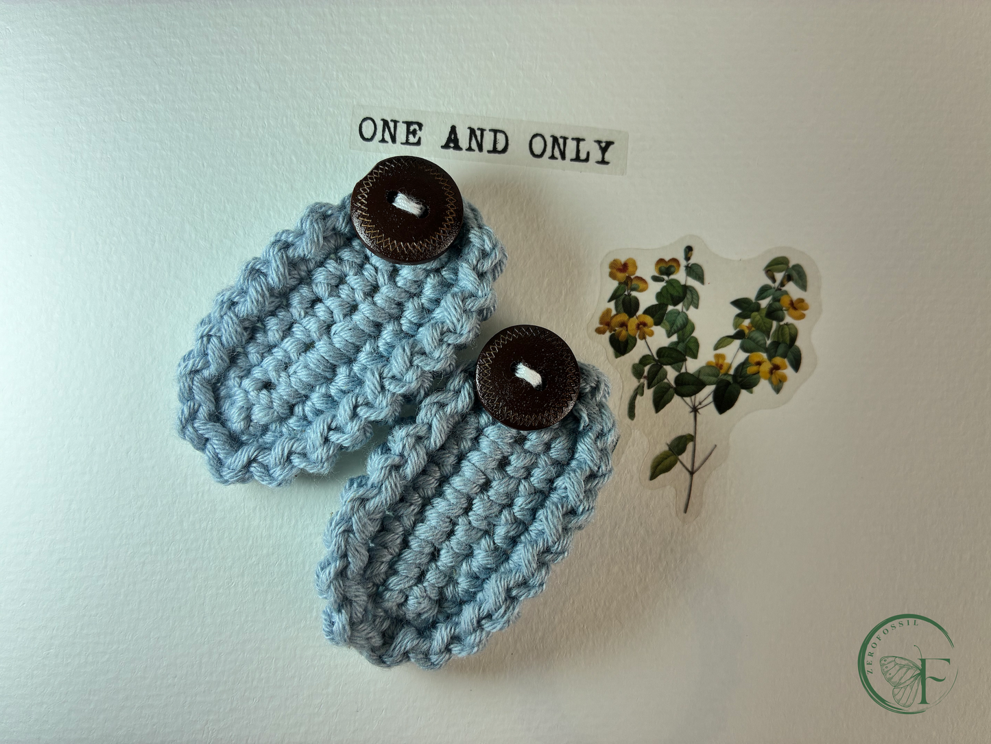 Moonlit Denim – Handmade Crochet Hair Clip for Girls & Women | Nordic Petals Collection | Soft Blue with Wooden Button | Boho Chic Hair Accessory