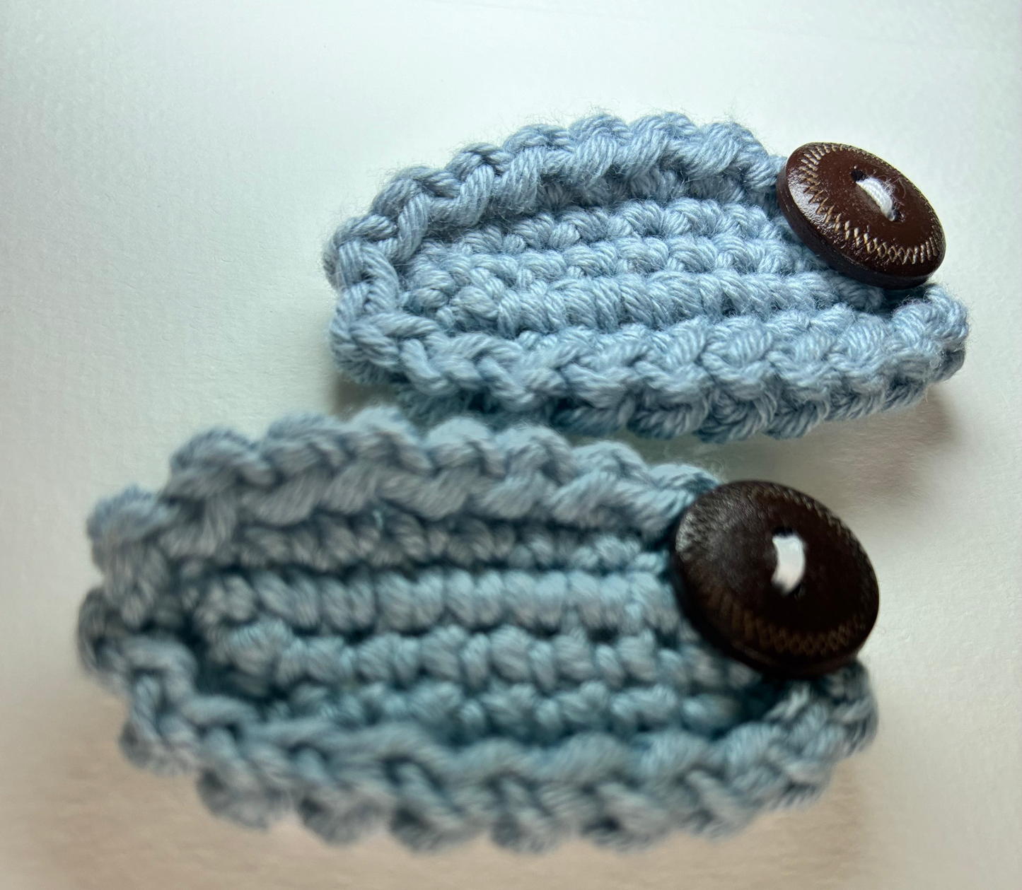 Moonlit Denim – Handmade Crochet Hair Clip for Girls & Women | Nordic Petals Collection | Soft Blue with Wooden Button | Boho Chic Hair Accessory