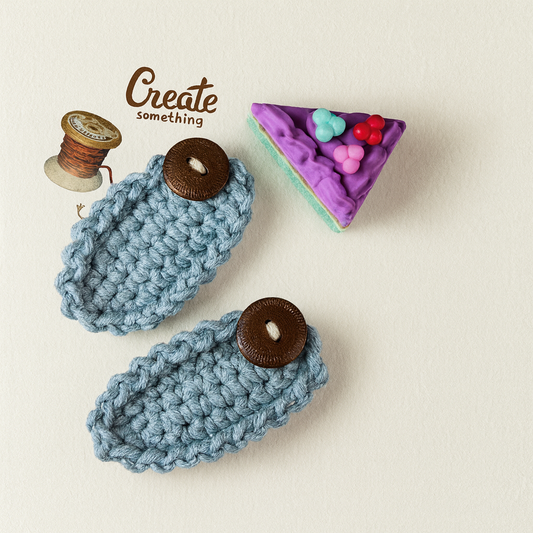 Moonlit Denim – Handmade Crochet Hair Clip for Girls & Women | Nordic Petals Collection | Soft Blue with Wooden Button | Boho Chic Hair Accessory