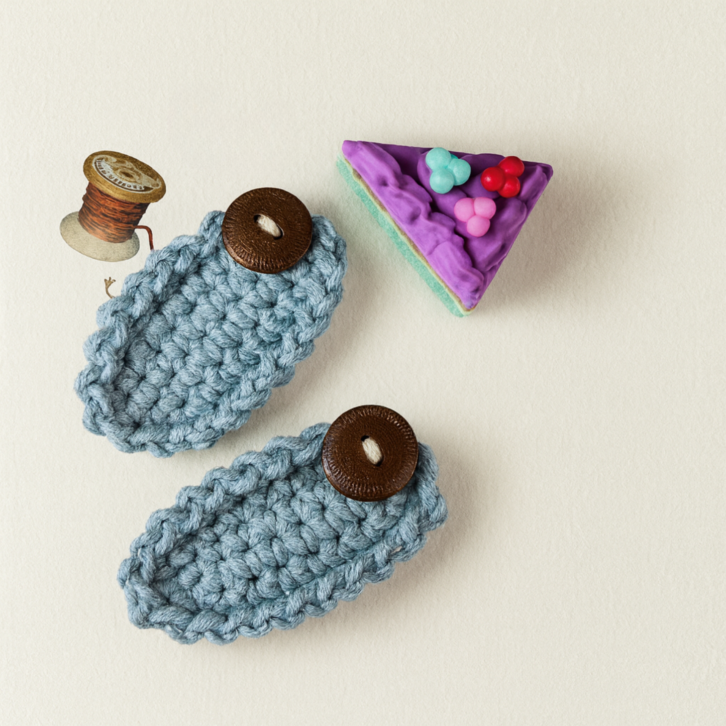 Moonlit Denim – Handmade Crochet Hair Clip for Girls & Women | Nordic Petals Collection | Soft Blue with Wooden Button | Boho Chic Hair Accessory