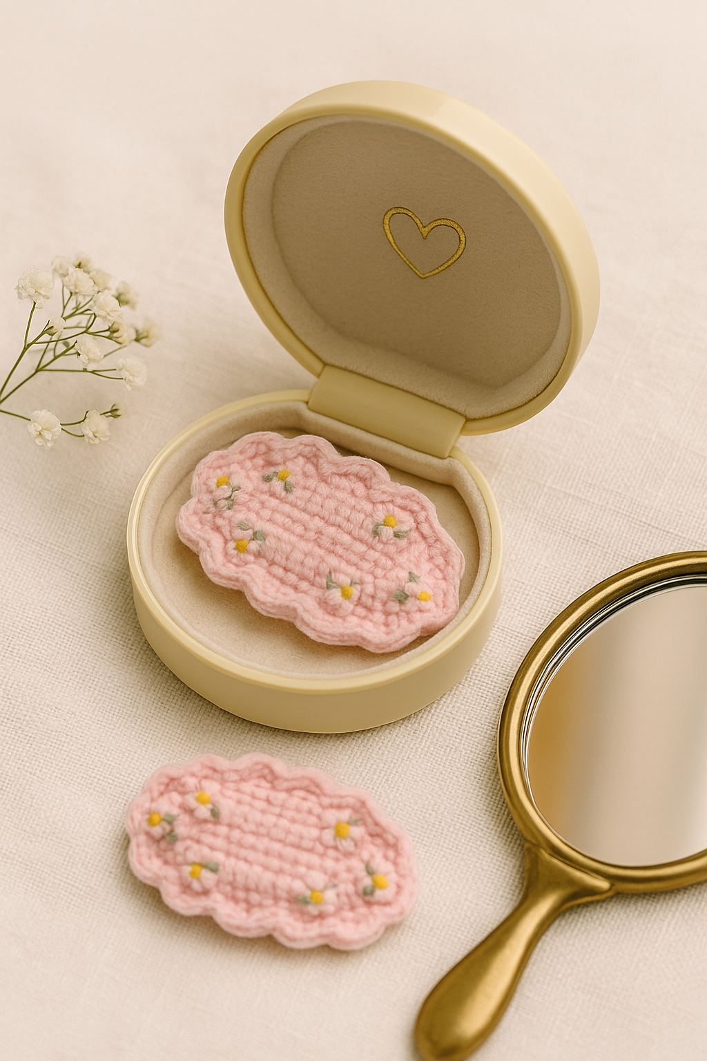 Artisan crochet clip in pastel pink with mini white and yellow flowers – ideal for baby shower gifts
