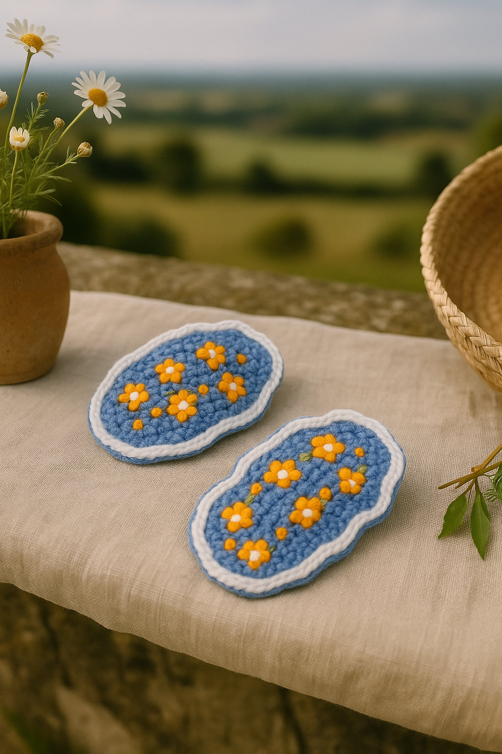 Artisan crochet barrette with blue base, yellow flower detailing, and white edging – perfect for kids' hair styling