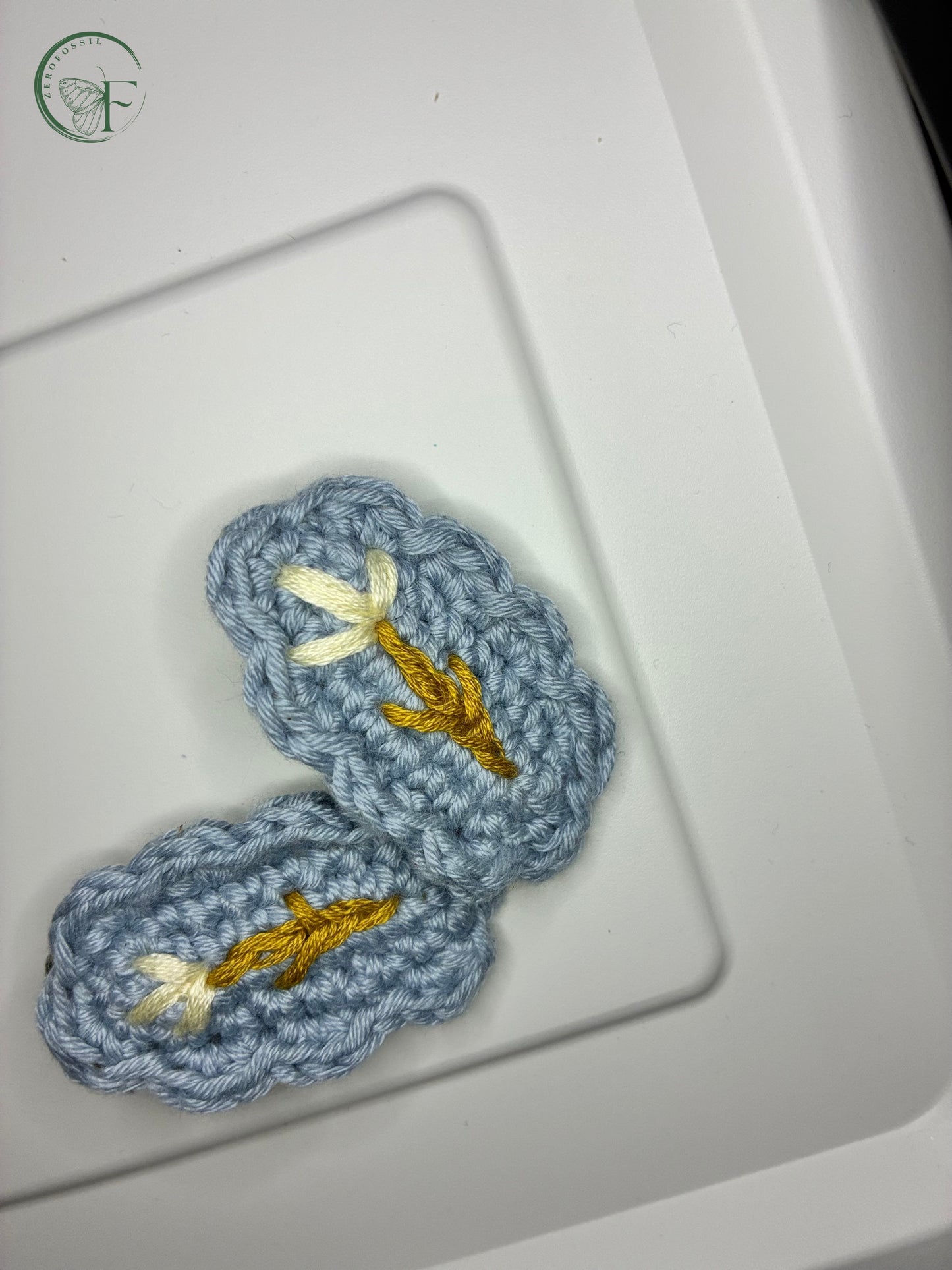 Handmade pastel blue crochet hair clip with delicate twig and flower embroidery – Blueberry Twig barrette for baby girls