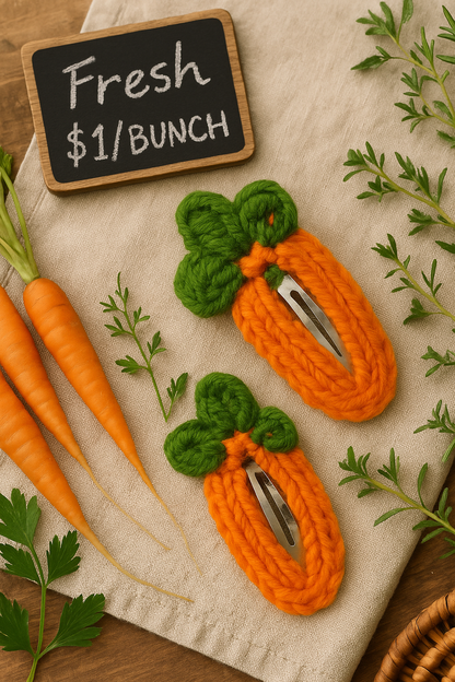 Knitted carrot shaped hair clips with green leaves handmade by zerofossil