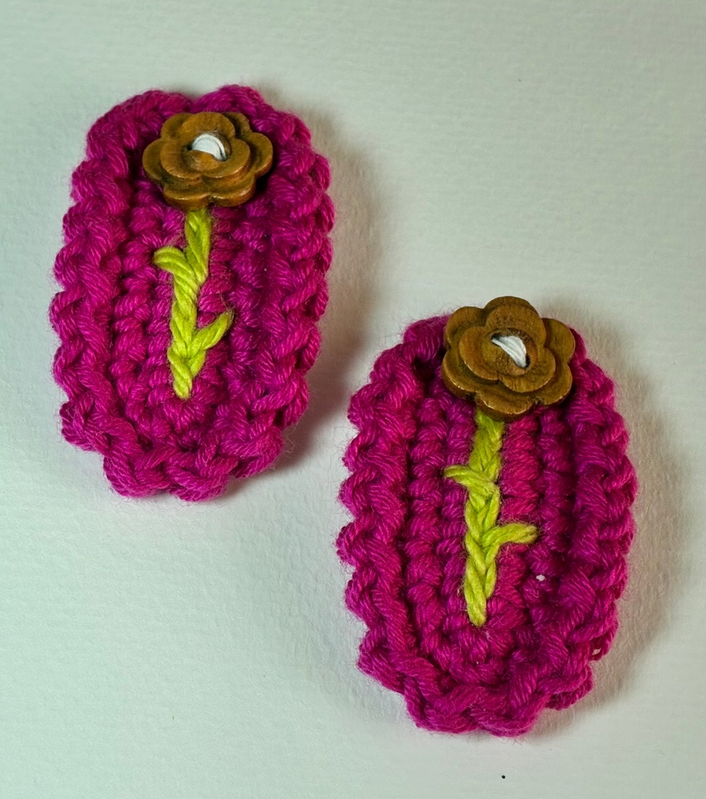 Hot Hibiscus – Handmade Crochet Hair Clip Pair with Wooden Flower Button | Bright Pink Floral Snap Clips for Girls & Kids