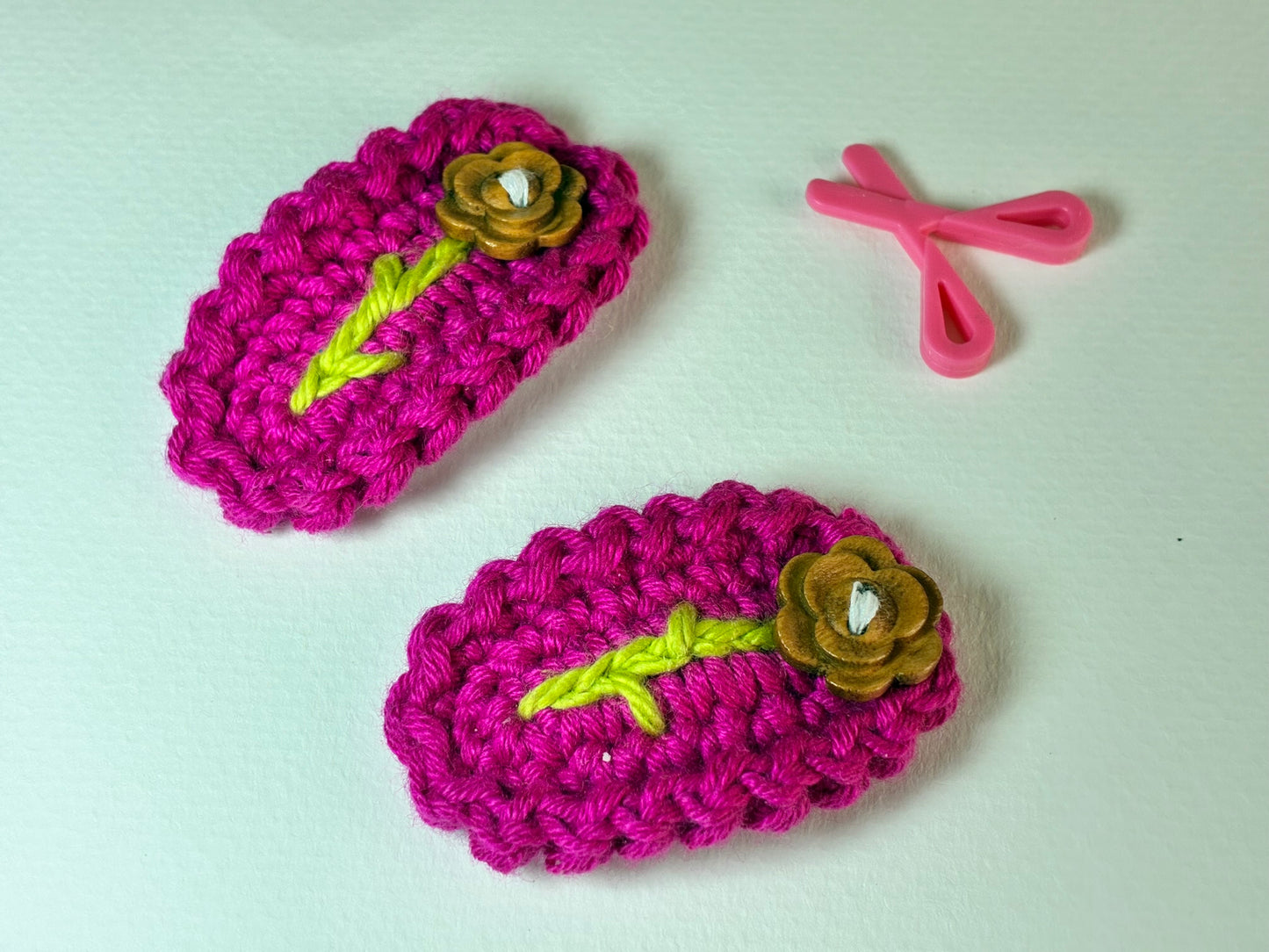 Hot Hibiscus – Handmade Crochet Hair Clip Pair with Wooden Flower Button | Bright Pink Floral Snap Clips for Girls & Kids