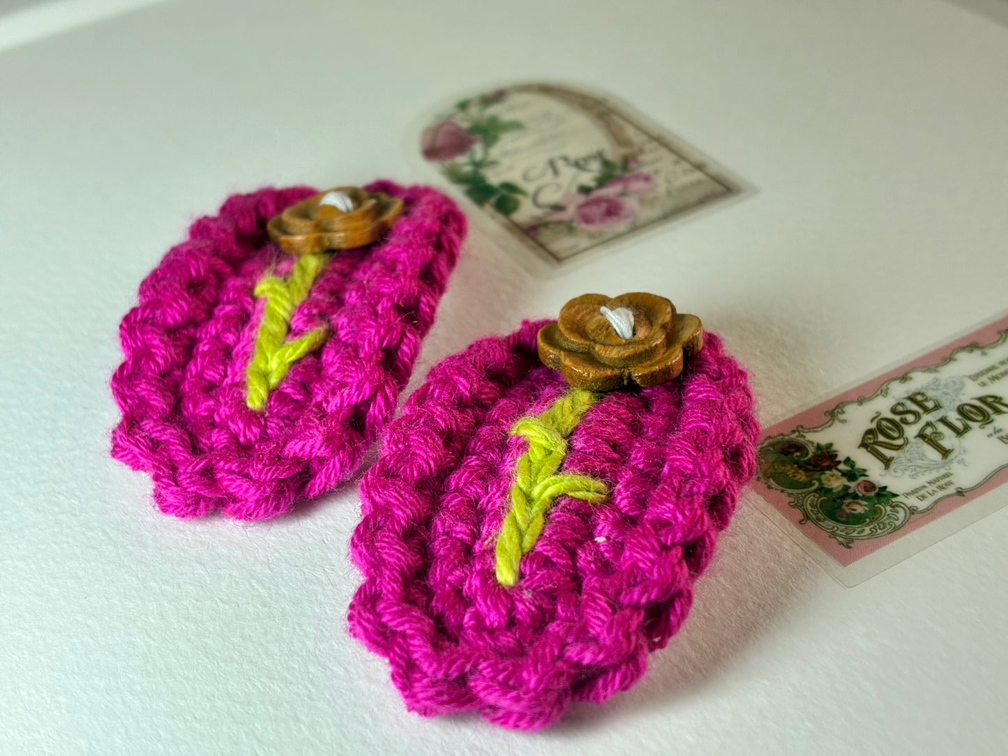 Hot Hibiscus – Handmade Crochet Hair Clip Pair with Wooden Flower Button | Bright Pink Floral Snap Clips for Girls & Kids