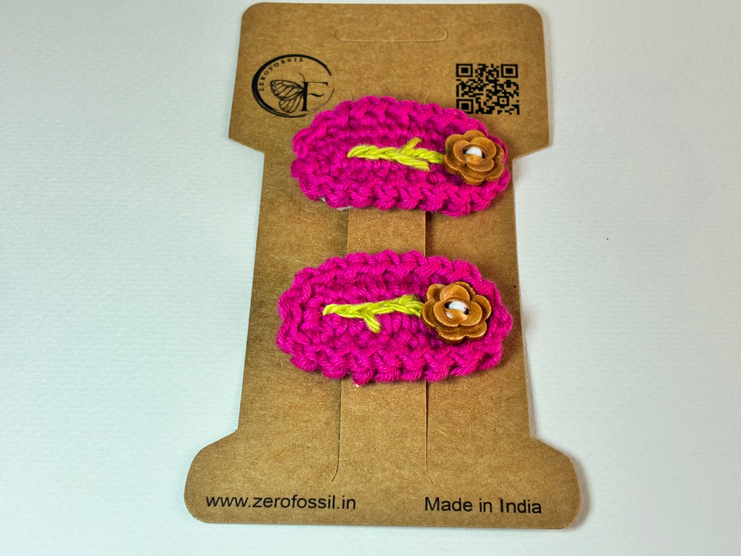 Hot Hibiscus – Handmade Crochet Hair Clip Pair with Wooden Flower Button | Bright Pink Floral Snap Clips for Girls & Kids