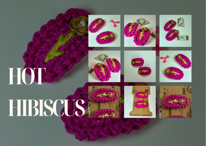 Hot Hibiscus – Handmade Crochet Hair Clip Pair with Wooden Flower Button | Bright Pink Floral Snap Clips for Girls & Kids