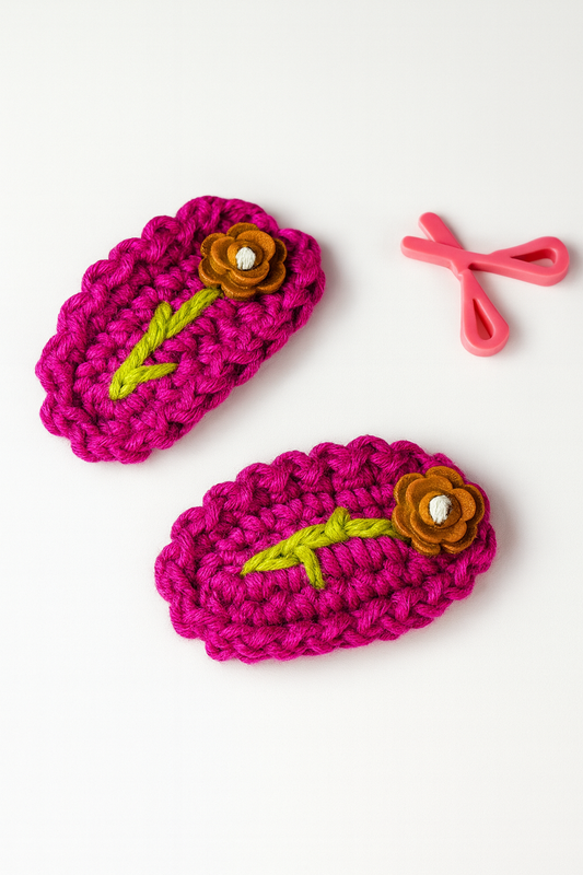 Hot Hibiscus – Handmade Crochet Hair Clip Pair with Wooden Flower Button | Bright Pink Floral Snap Clips for Girls & Kids