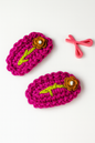 Hot Hibiscus – Handmade Crochet Hair Clip Pair with Wooden Flower Button | Bright Pink Floral Snap Clips for Girls & Kids