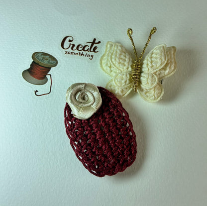 Rosewine – Handmade Crochet Hair Clip & Butterfly Brooch Combo for Girls & Kids | Maroon Rose Snap Clip & Cream Butterfly Pin