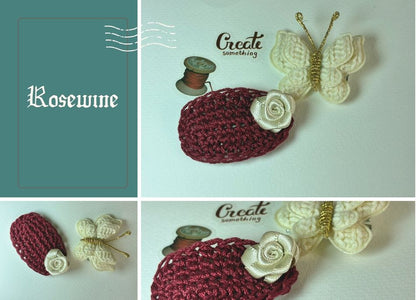 Rosewine – Handmade Crochet Hair Clip & Butterfly Brooch Combo for Girls & Kids | Maroon Rose Snap Clip & Cream Butterfly Pin